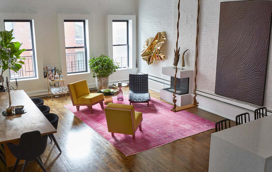 cocoon boto Living room with with swing pink rug glass fireplace unique art and plants cocoon boto Living room with with swing pink rug glass fireplace unique art and plants