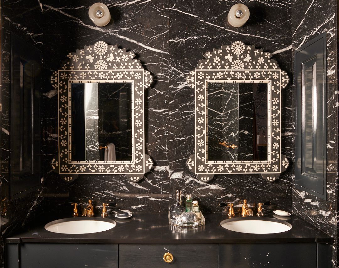 Casa Maxima 22 Black Marble Double Vanity in Primary Bathroom Casa Maxima 22 Black Marble Double Vanity in Primary Bathroom