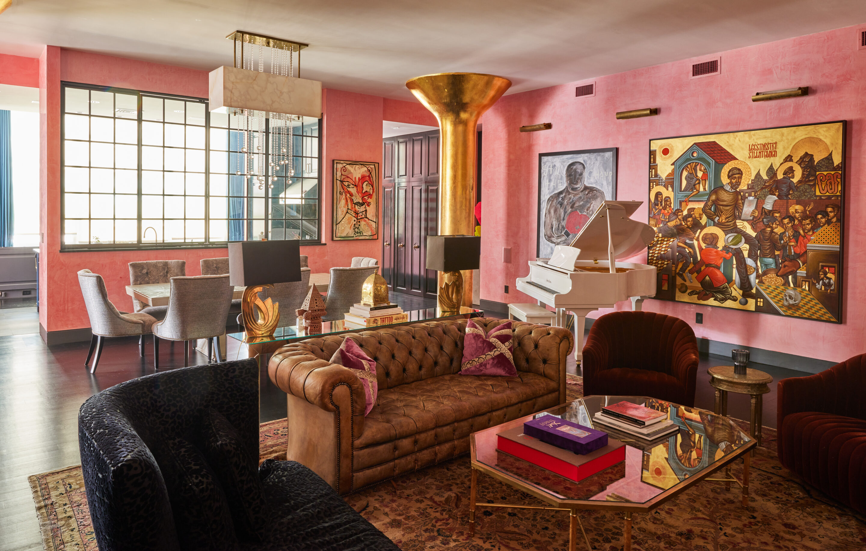 Casa Maxima Living Space with Pink Venetian Plaster and Dark Teal and Gold Accents and Wood Flooring Throughout Casa Maxima Living Space with Pink Venetian Plaster and Dark Teal and Gold Accents and Wood Flooring Throughout