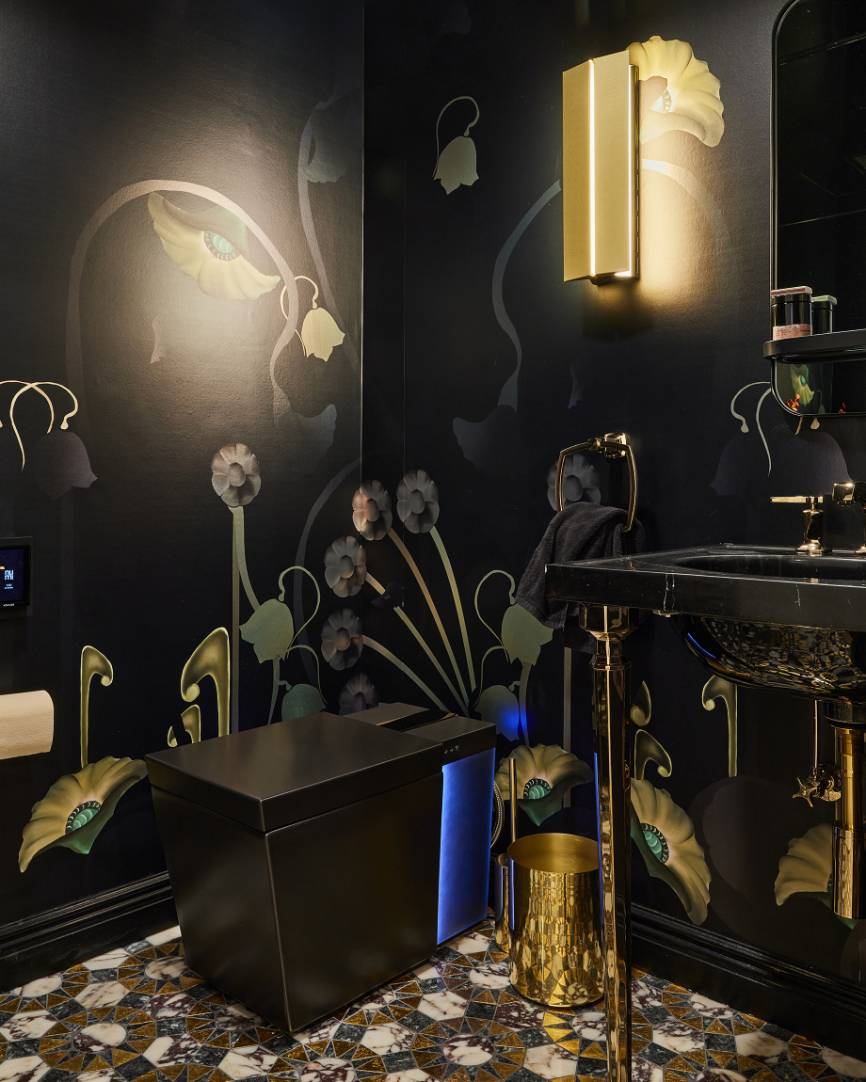 cocoon casa strand third black bathroom with unique wallpaper closeup cocoon casa strand third black bathroom with unique wallpaper closeup